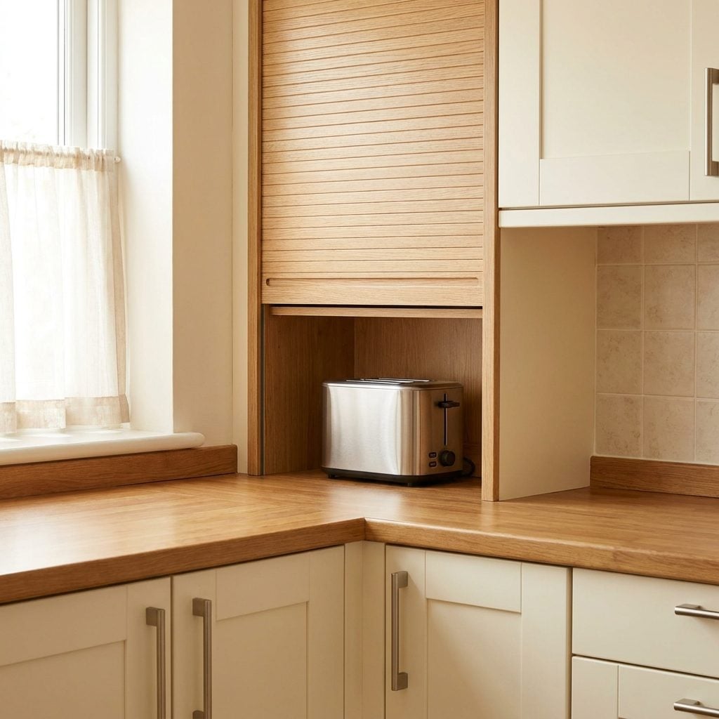 Kitchen appliance garage hiding a toaster and small appliances