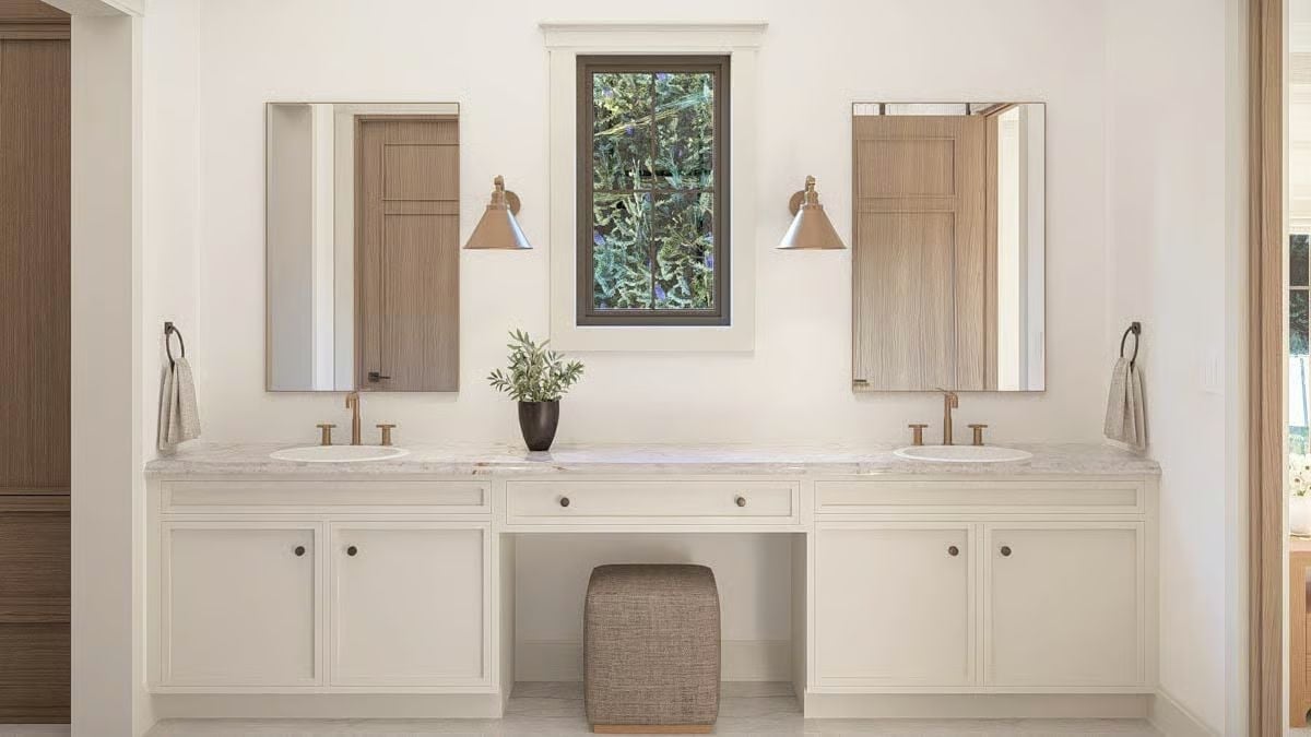 Brass Fixtures and a Built-In Makeup Counter That Earns Its Square Footage