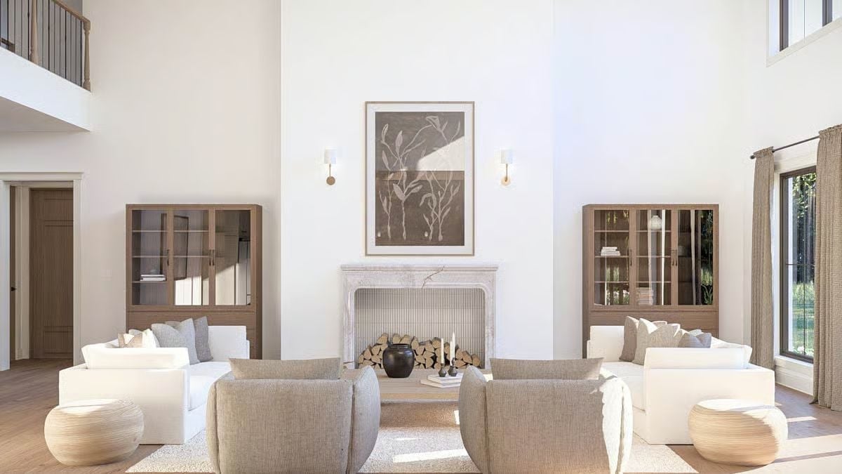Marble, Linen, and Stacked Firewood Walk Into a Great Room