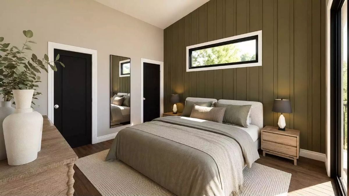 Olive Shiplap Behind the Bed Does the Work a Headboard Usually Does