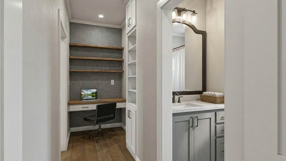 Built-In Desk Nook, Open Shelves, and a Bathroom Vanity Worth Noticing