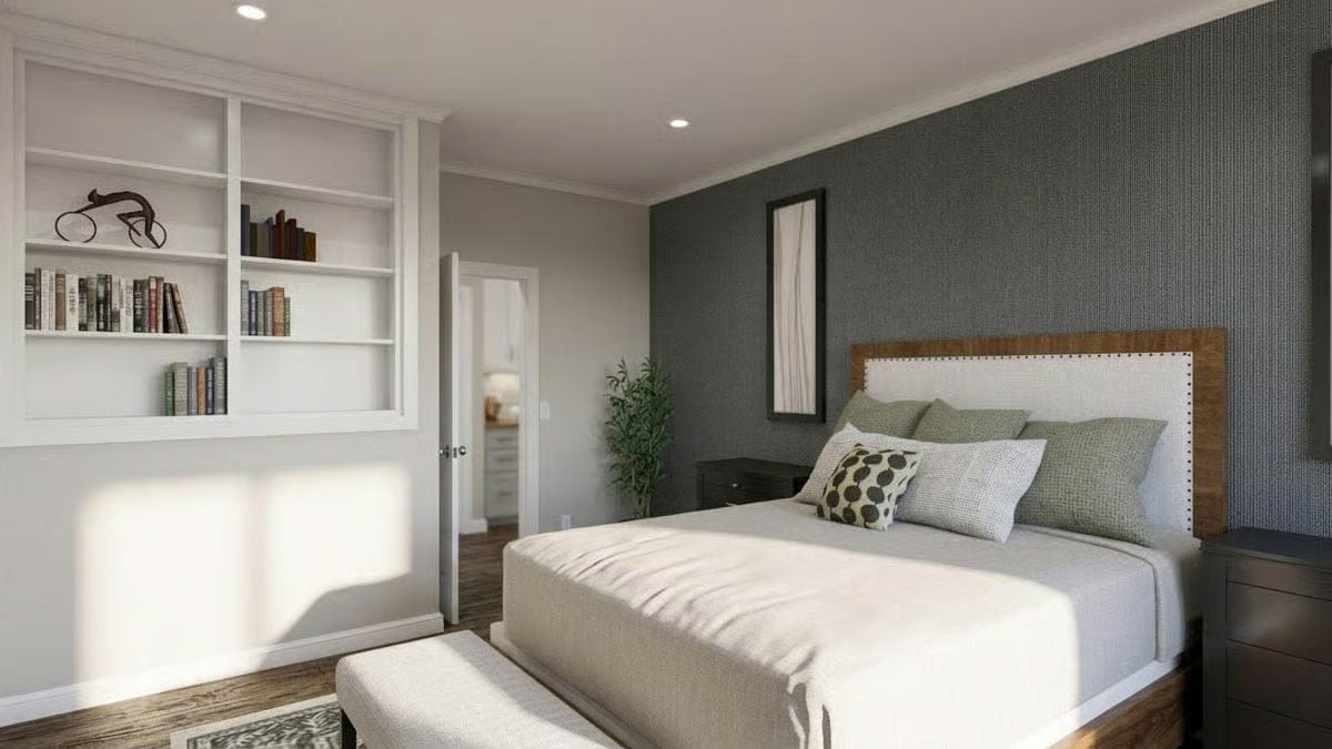 Nailhead Headboard, Dark Accent Wall, and Built-Ins That Pull Real Weight