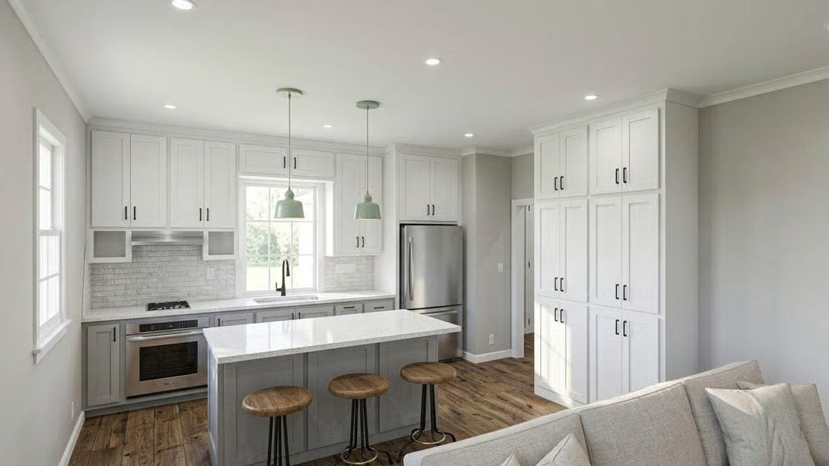 Sage Pendants, Gray Island, and a Cabinet Wall That Does Real Work