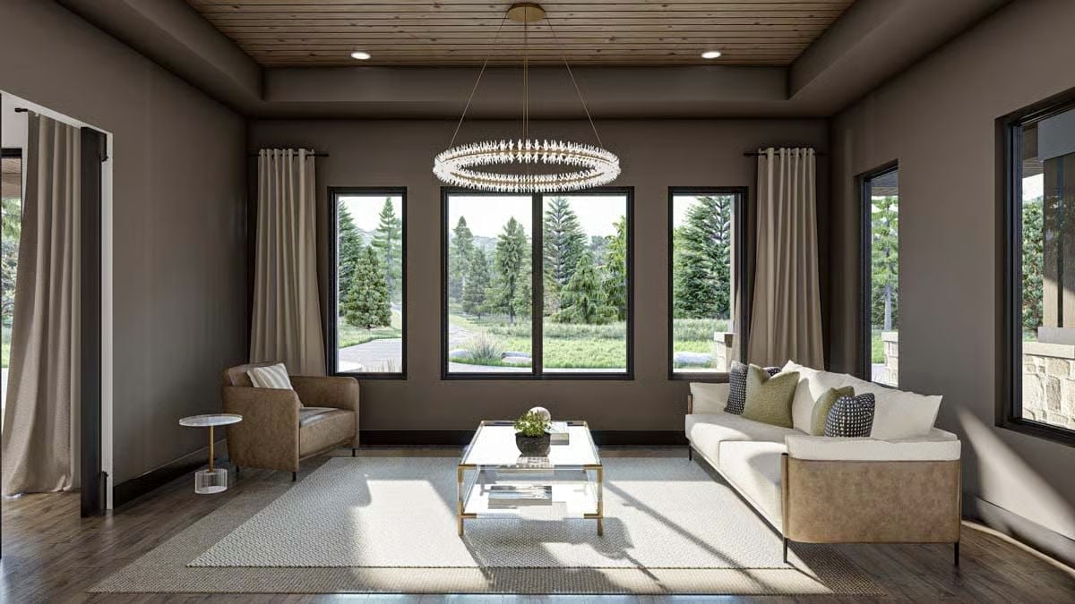 Circular Chandelier and Wood Ceiling Do the Heavy Lifting in This Living Room