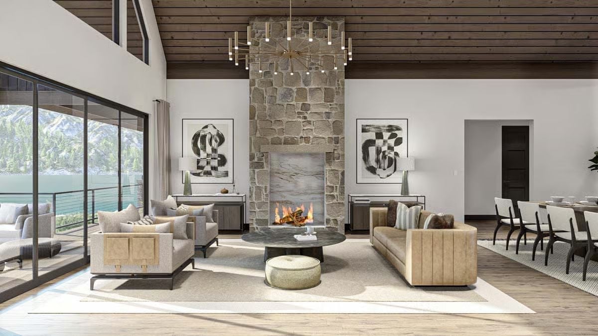 Floor-to-Ceiling Stone Fireplace That Earns Every Inch of Wall Space