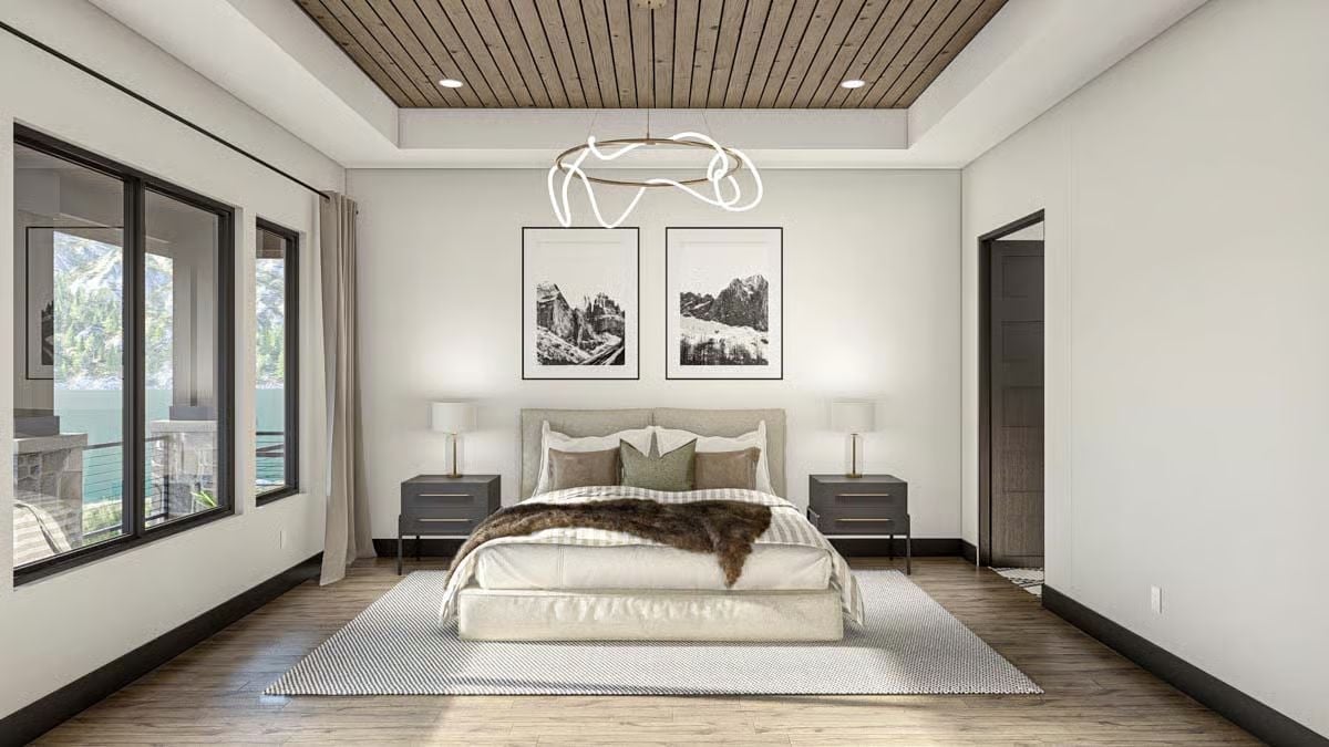Slat Wood Ceiling and a Looping Chandelier Make This Bedroom Feel Considered