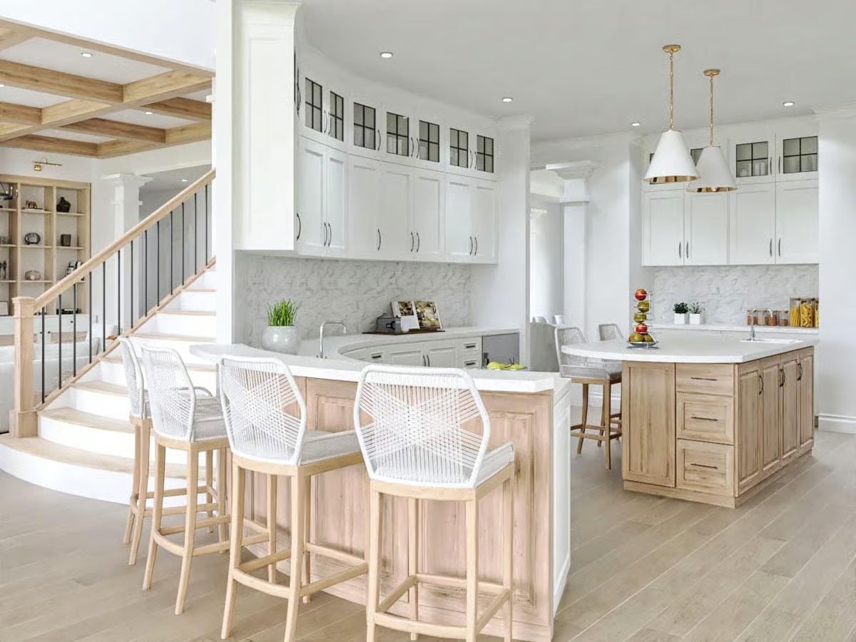 Woven Barstools and Bleached Wood Islands That Don't Take Themselves Too Seriously