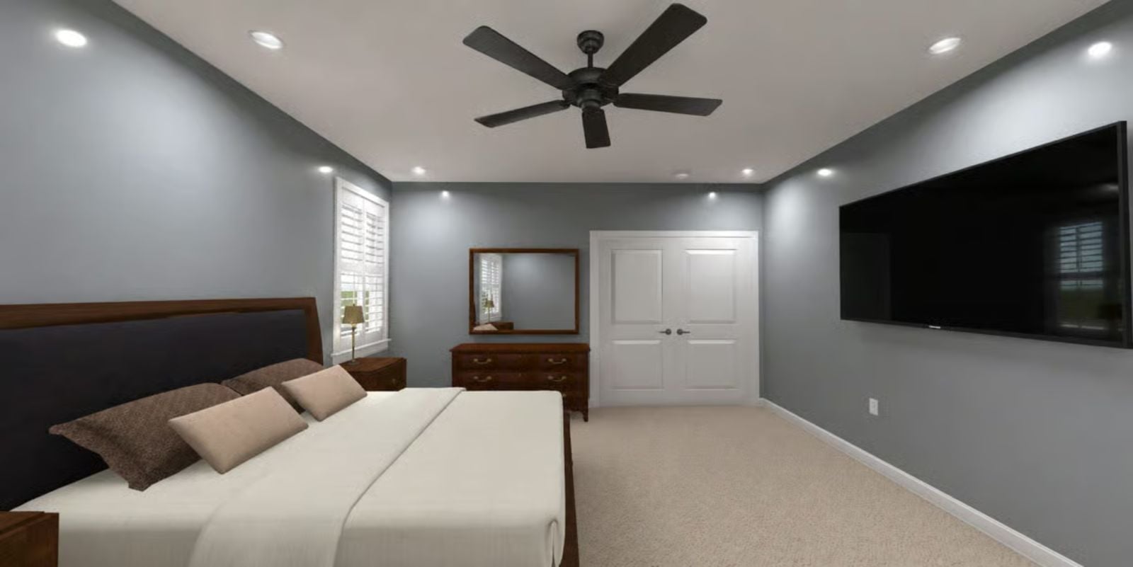 Gray Walls, Dark Wood, and a Ceiling Fan That Means Business