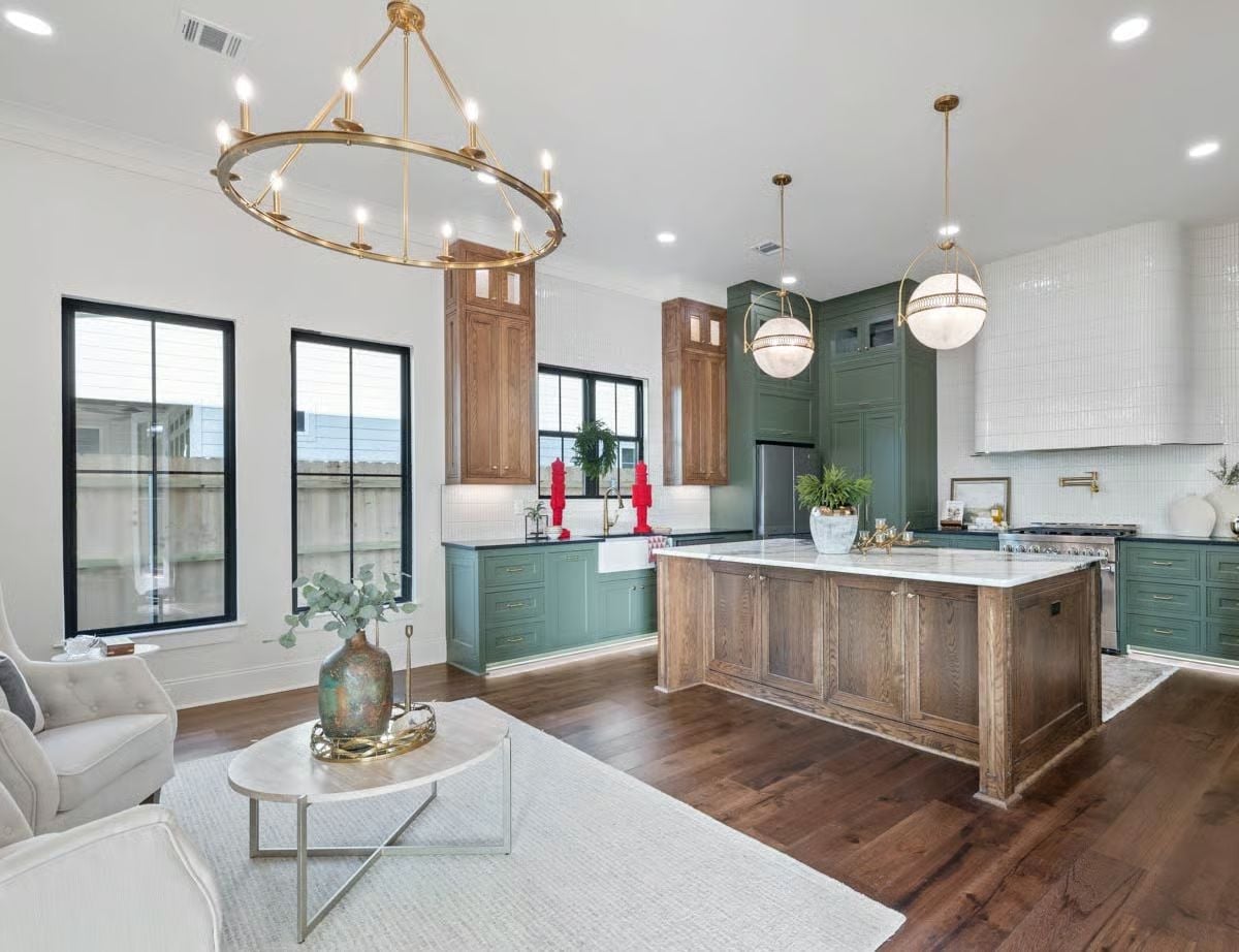 Brass, Forest Green, and Raw Oak Walk Into a Kitchen Together