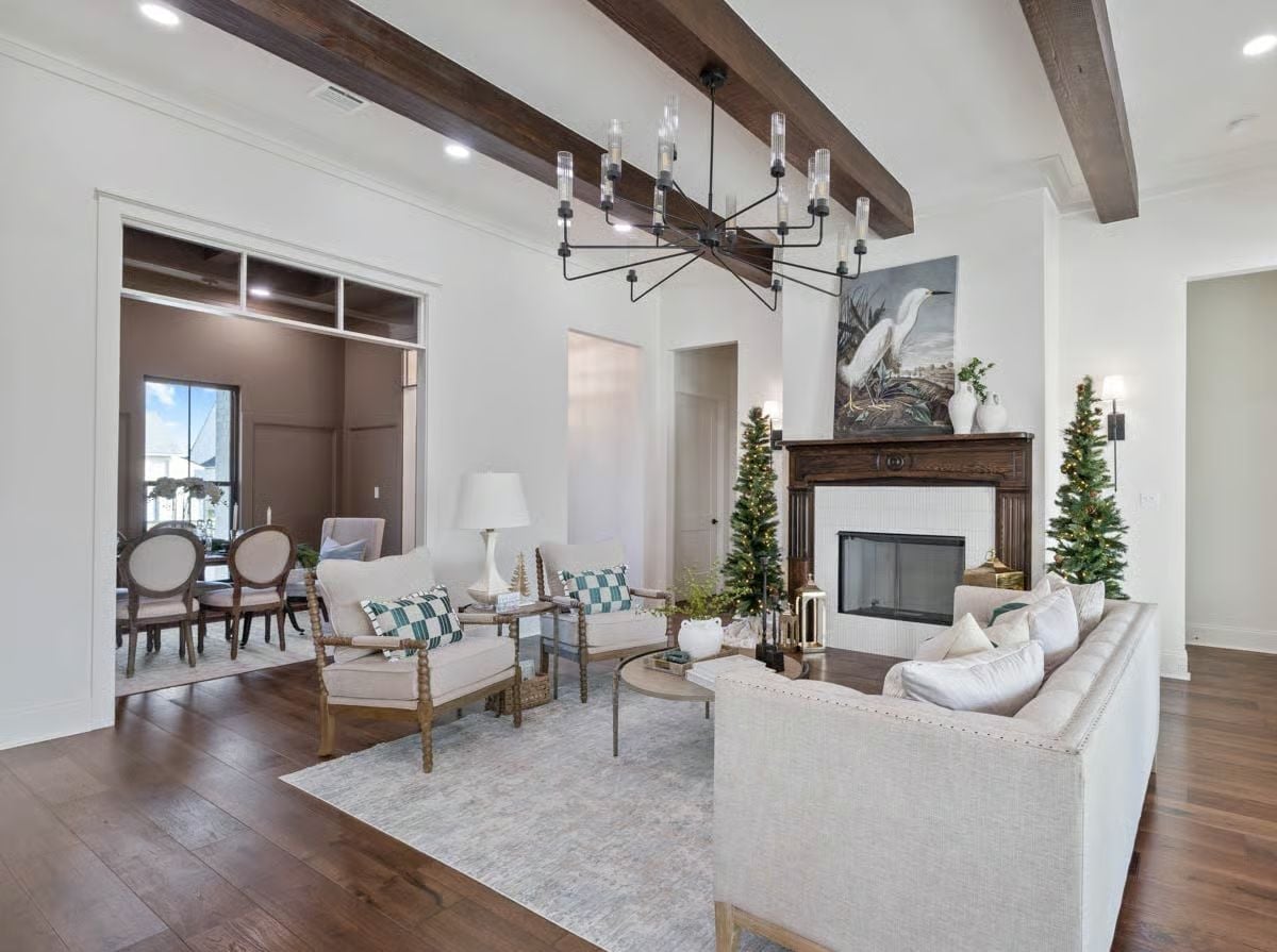 Exposed Beams and a Dark Wood Mantel That Actually Earn Their Keep