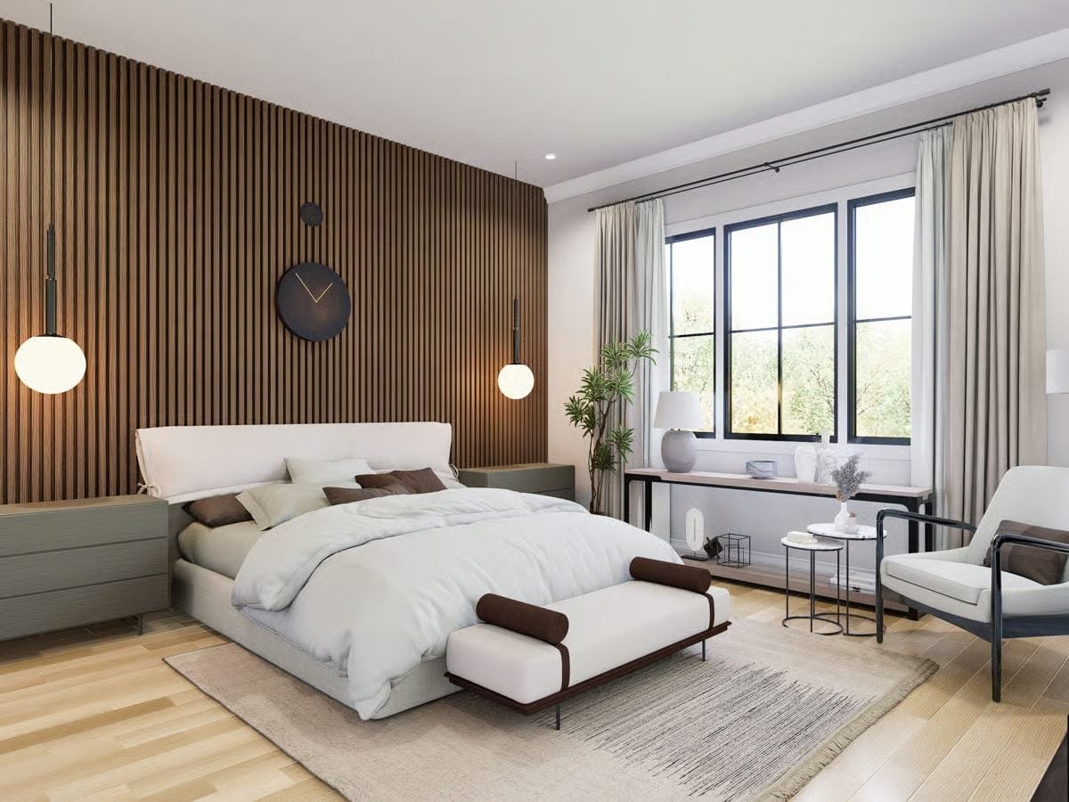 Globe Pendants and a Dark Clock Face Give This Bedroom Its Personality