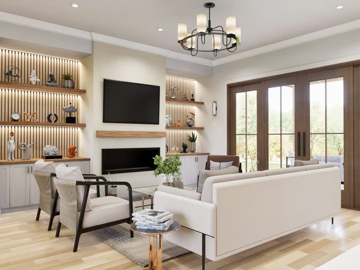 Sculptural Shelving and a Linear Fireplace Make This Living Room Work Hard