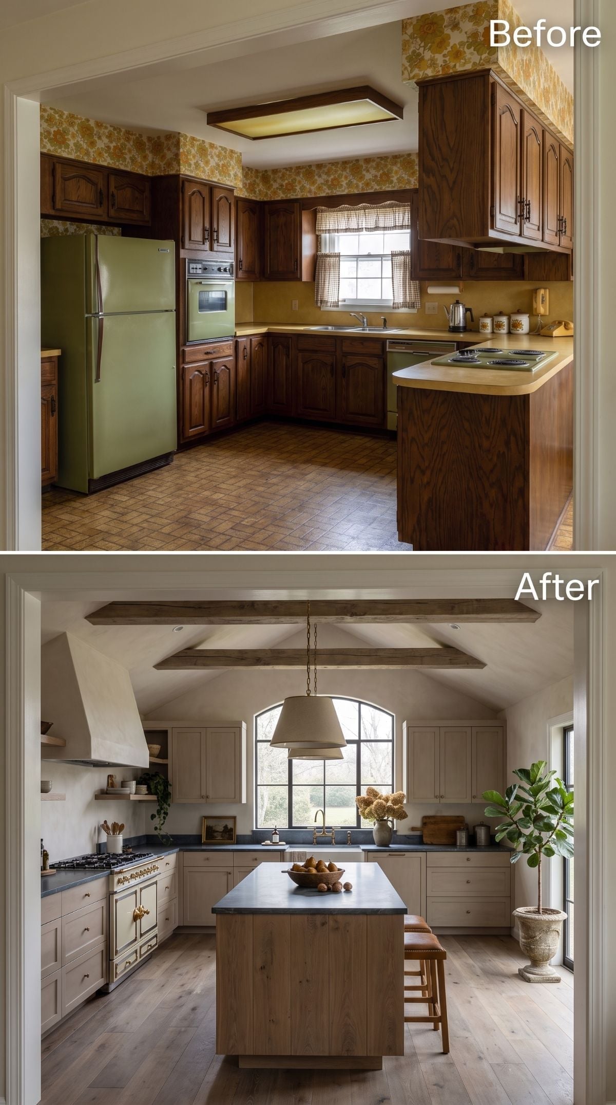 Avocado Appliances Out, Exposed Ceiling Beams and Slate Counters In