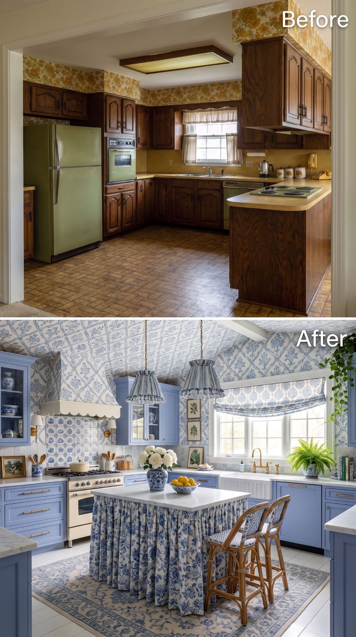 Blue-and-White Toile Buried That Avocado Kitchen Under Something Entirely Unexpected
