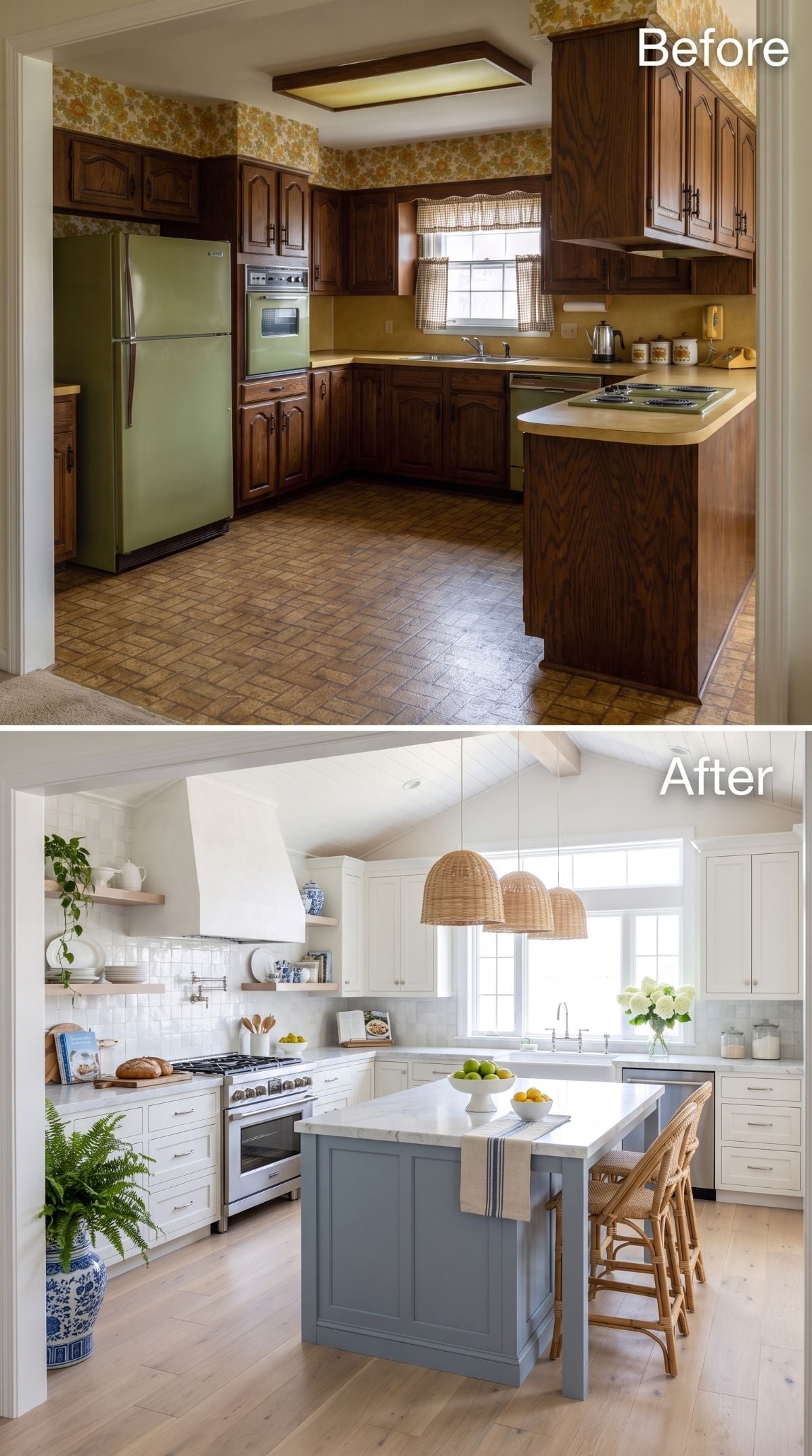 Brick Floors and Olive Appliances Gave Way to Vaulted Ceilings and a Blue-Gray Island