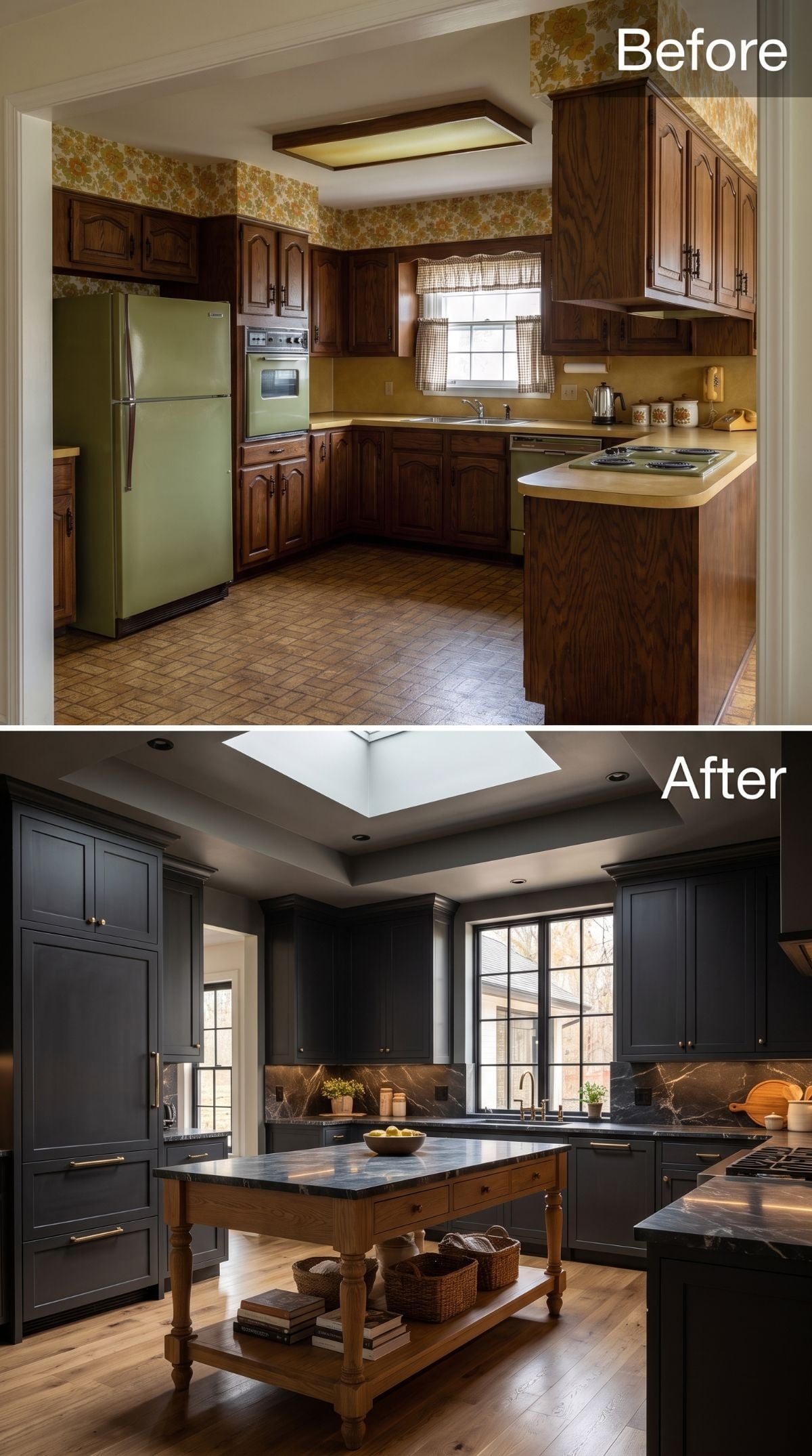 Charcoal Cabinets and a Skylight Replaced What Was Once a Very Brown Kitchen