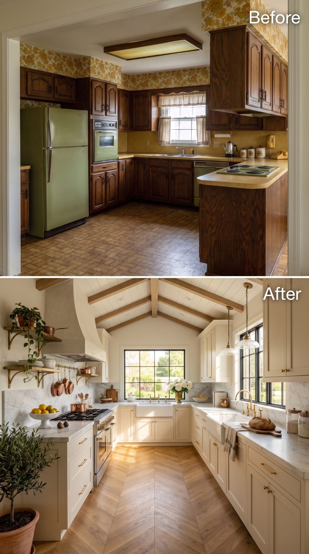 Dark Walnut Cabinets and Floral Wallpaper Out, Vaulted Shiplap Ceiling In