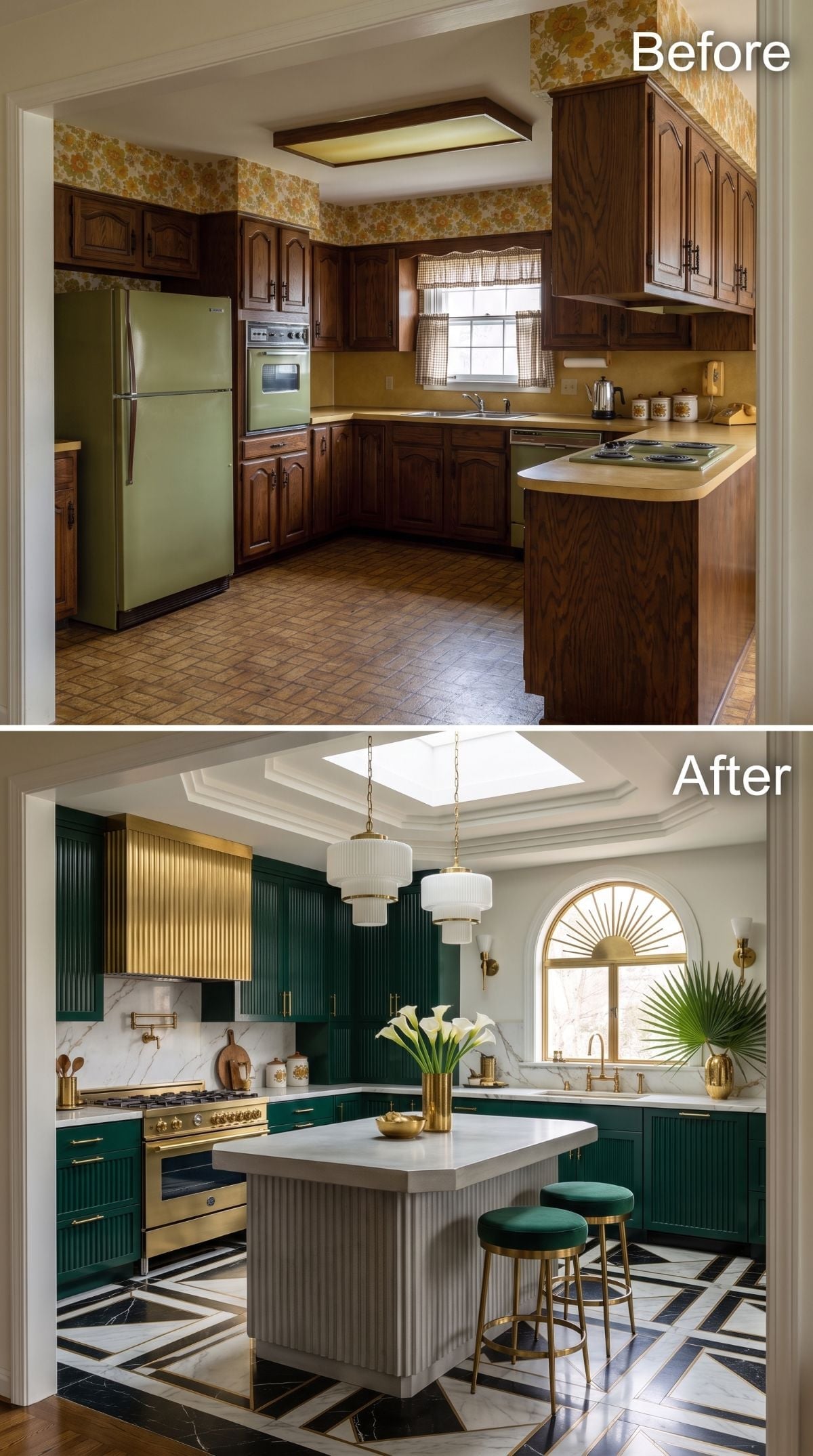 Emerald Cabinets and Brass Hardware Demolished 50 Years of Dark Wood Overnight