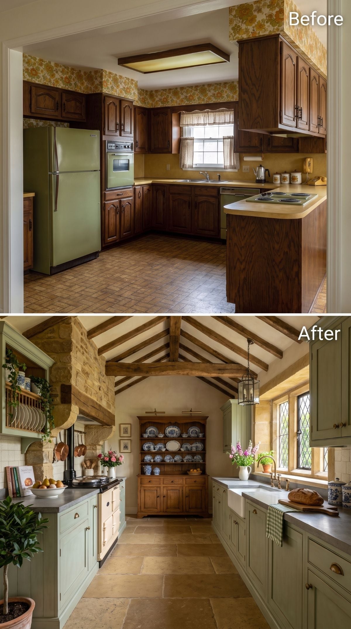 Exposed Beams and Sage Cabinetry Buried That Avocado-Green Kitchen Completely