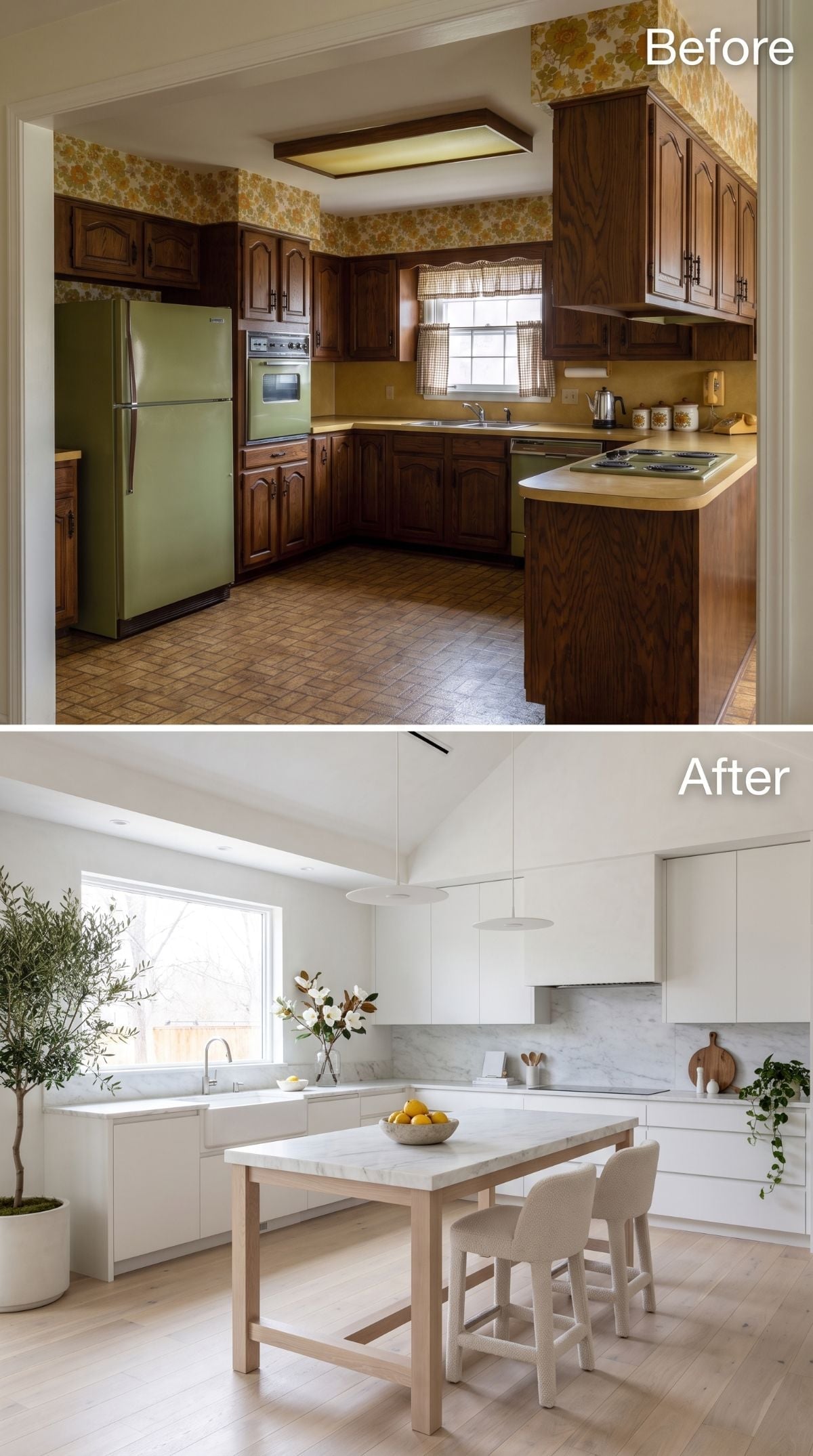 Marble Counters and Flat-Front White Cabinets Erased Every Trace of the 1970s