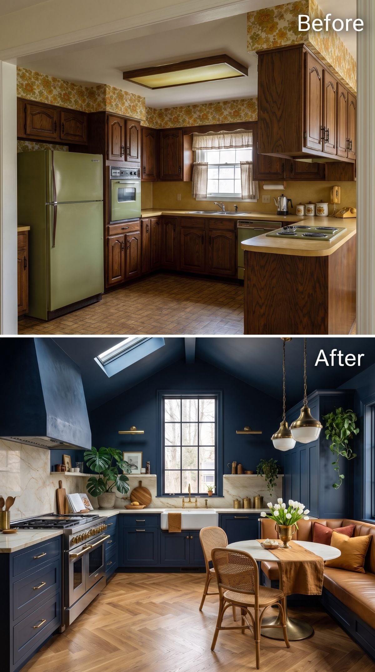 Navy Cabinets and Brass Hardware Replaced Every Inch of That Brown-and-Gold Kitchen