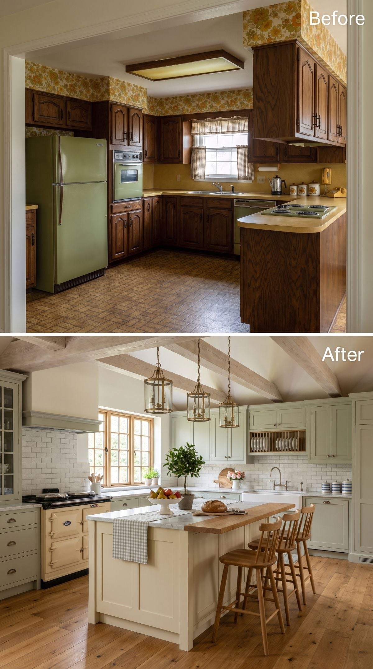 Sage Cabinets and Lantern Pendants Rewrote Every Rule This Kitchen Had
