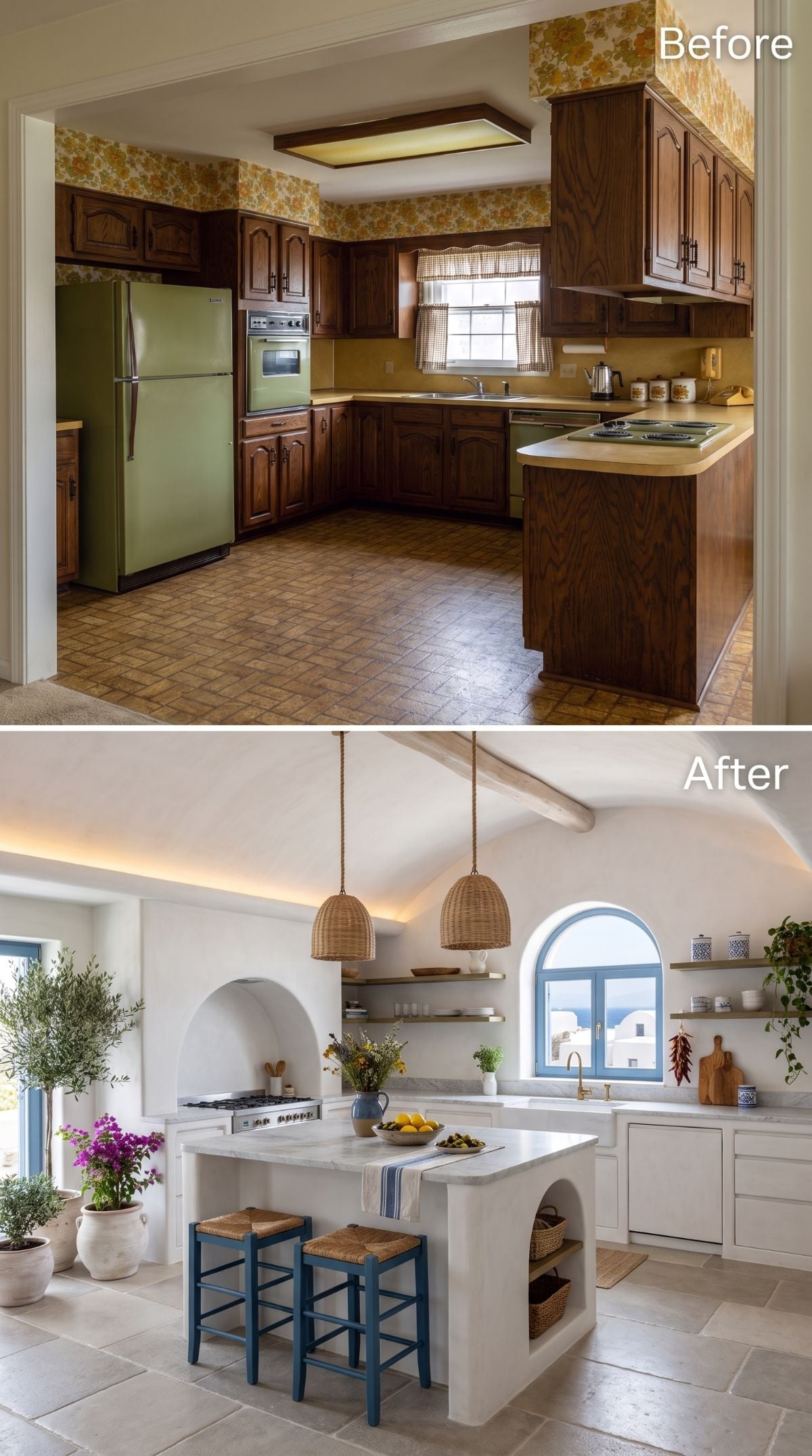 Santorini-Inspired Whitewash Buried That Harvest-Gold Kitchen Under the Aegean