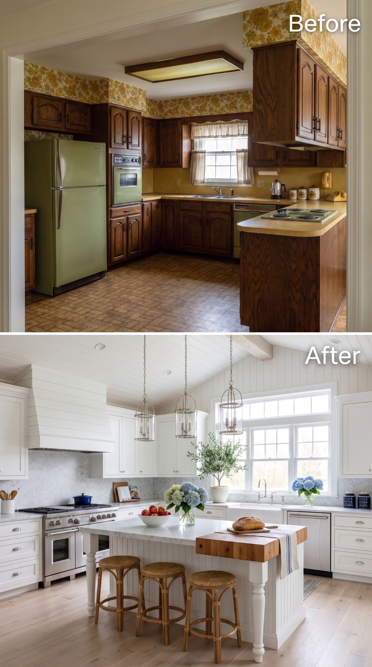 Shiplap Walls and Pendant Lanterns Buried Every Trace of Avocado Green