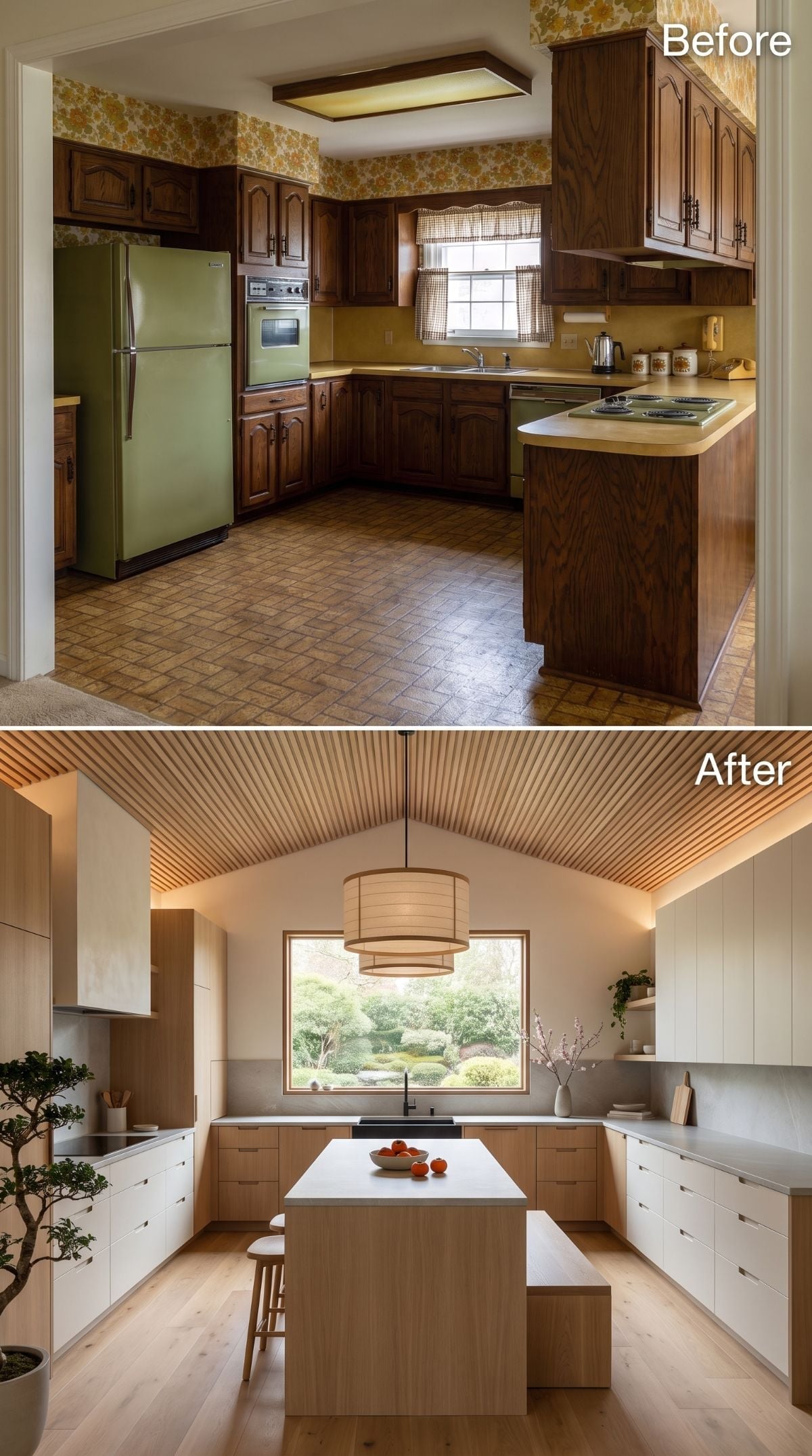 Slatted Wood Ceiling and Oak Flat-Fronts Buried That 1970s Kitchen for Good