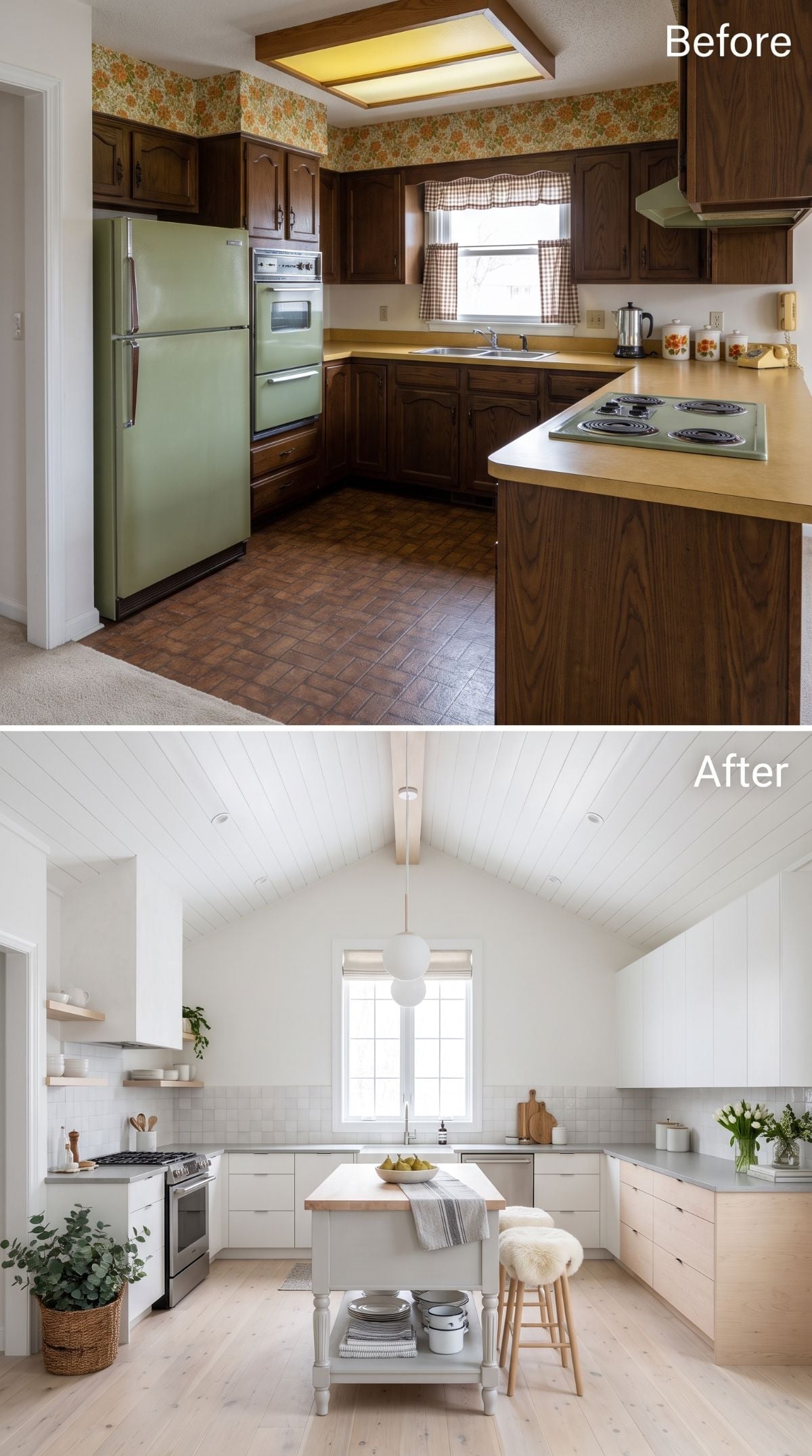 Vaulted Shiplap Ceiling and Warm Oak Lowers Closed the Book on That Avocado Kitchen