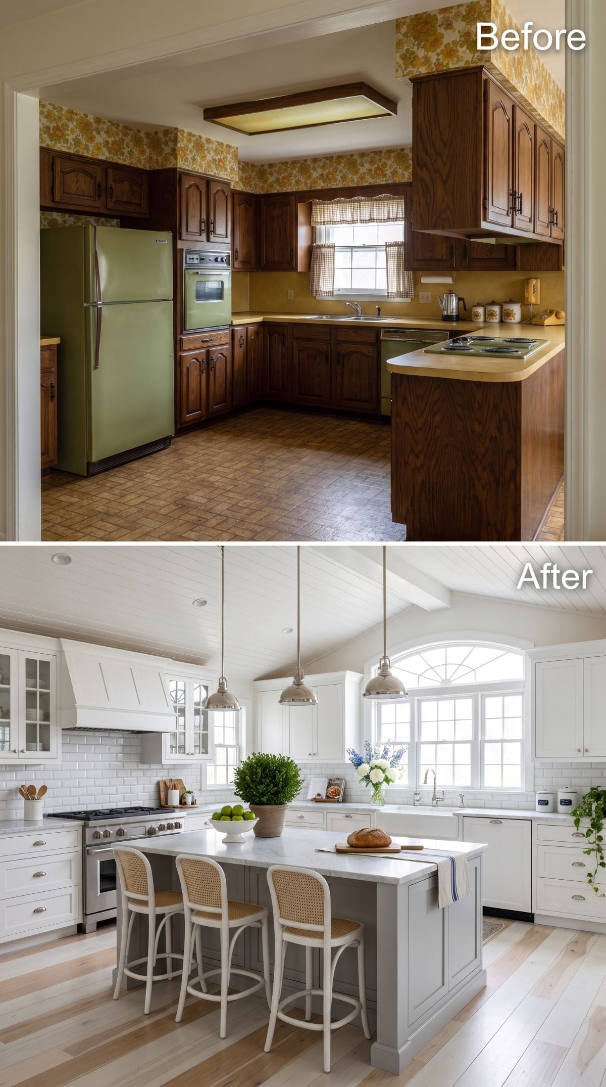 White Shiplap Ceiling and a Gray Island Finished Off What Avocado Green Started