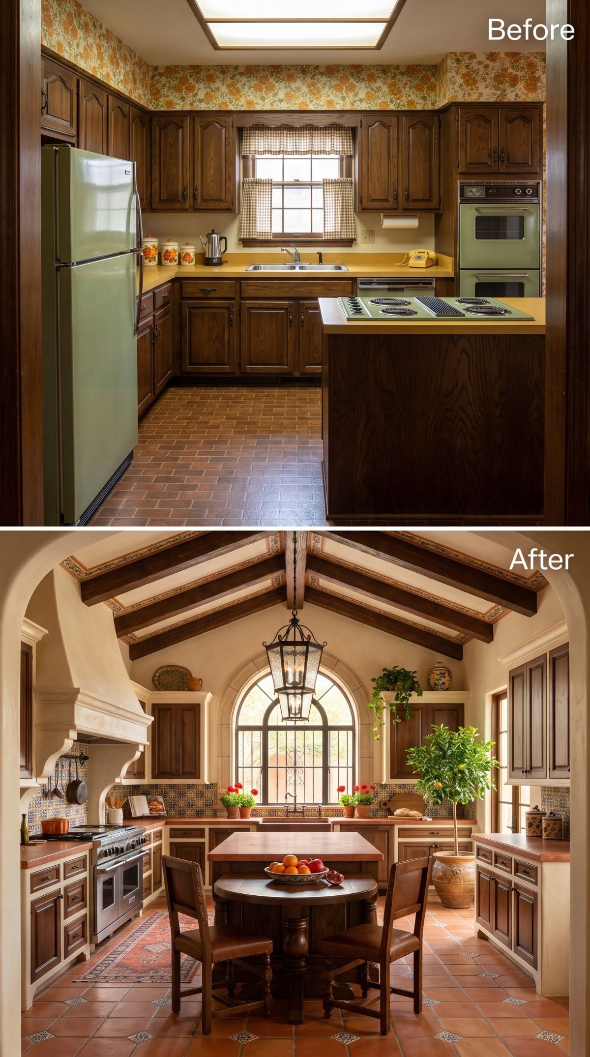 Wrought Iron, Saltillo Tile, and Exposed Beams Finished Off That Avocado Kitchen Completely