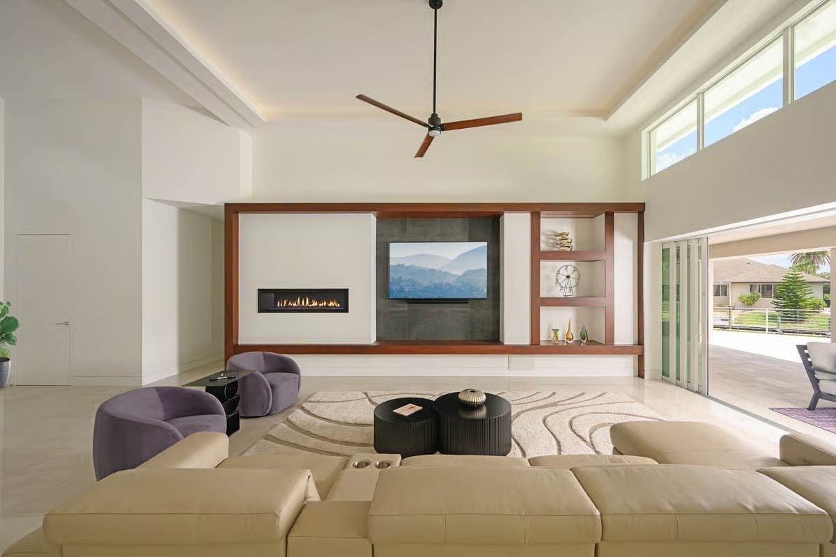 Wood-Framed Entertainment Wall with Linear Fireplace and Built-In Shelving
