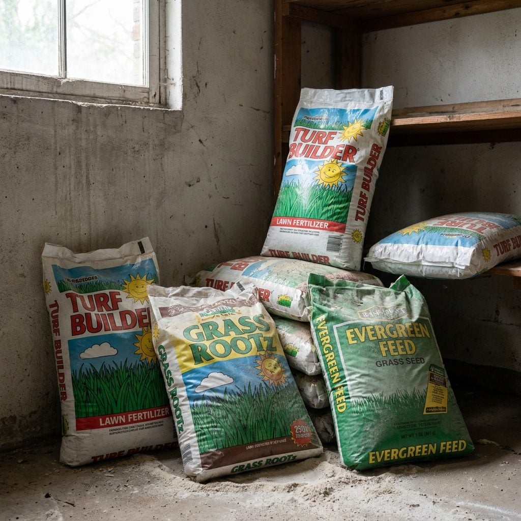 Bags of Fertilizer and Grass Seed Leaning in the Corner
