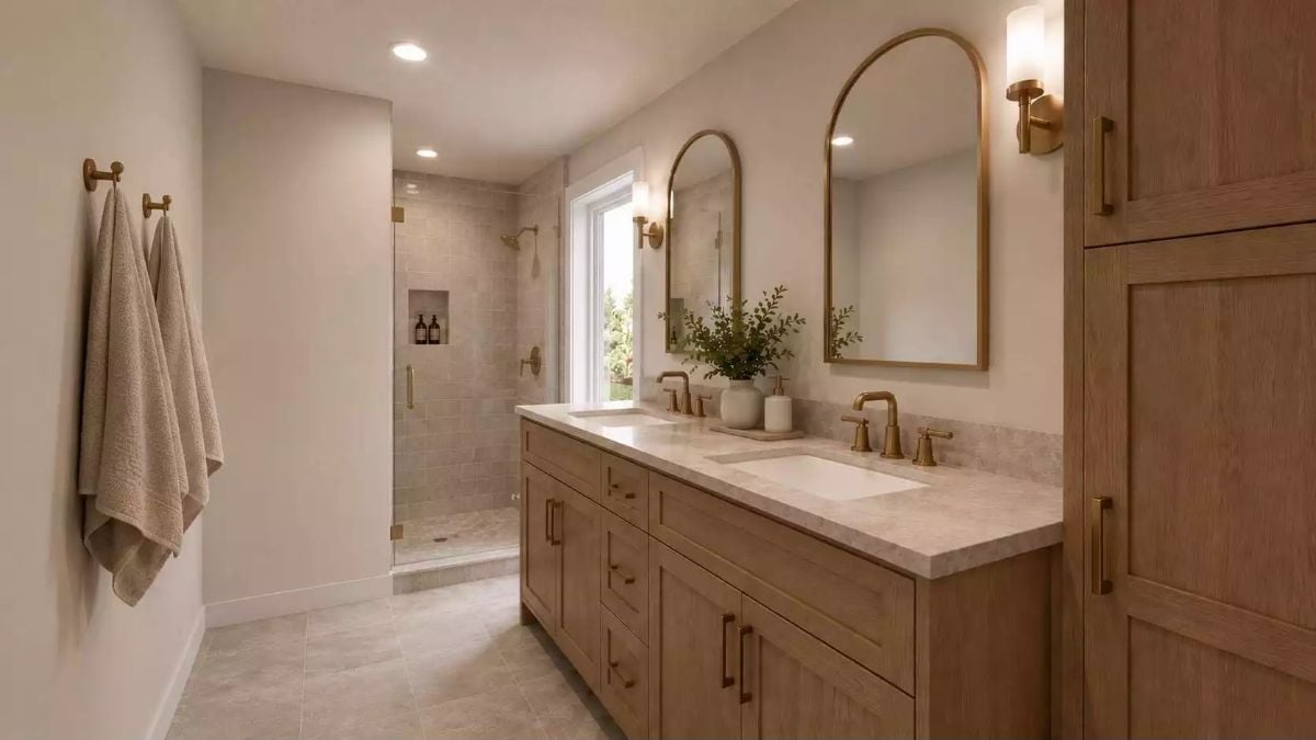 Brushed Brass and White Oak Pull Off What Most Bathrooms Don't Dare Try