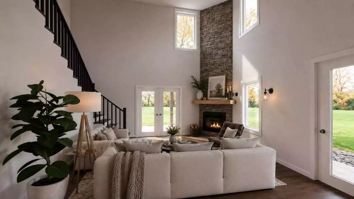 Stone Fireplace Tower and Double-Height Ceilings Make Cozy Feel Earned