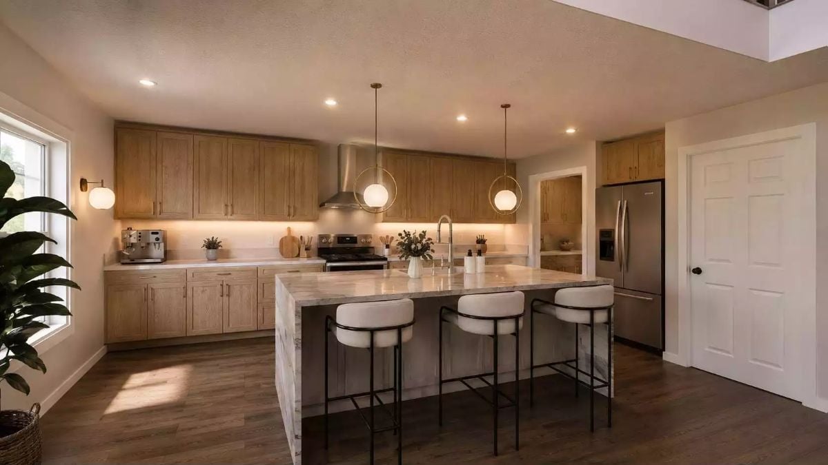 Warm Oak Cabinets and a Waterfall Island That Knows Exactly What It's Doing