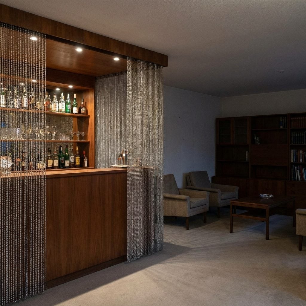 Beaded chain curtain hanging across a 1970s built-in bar