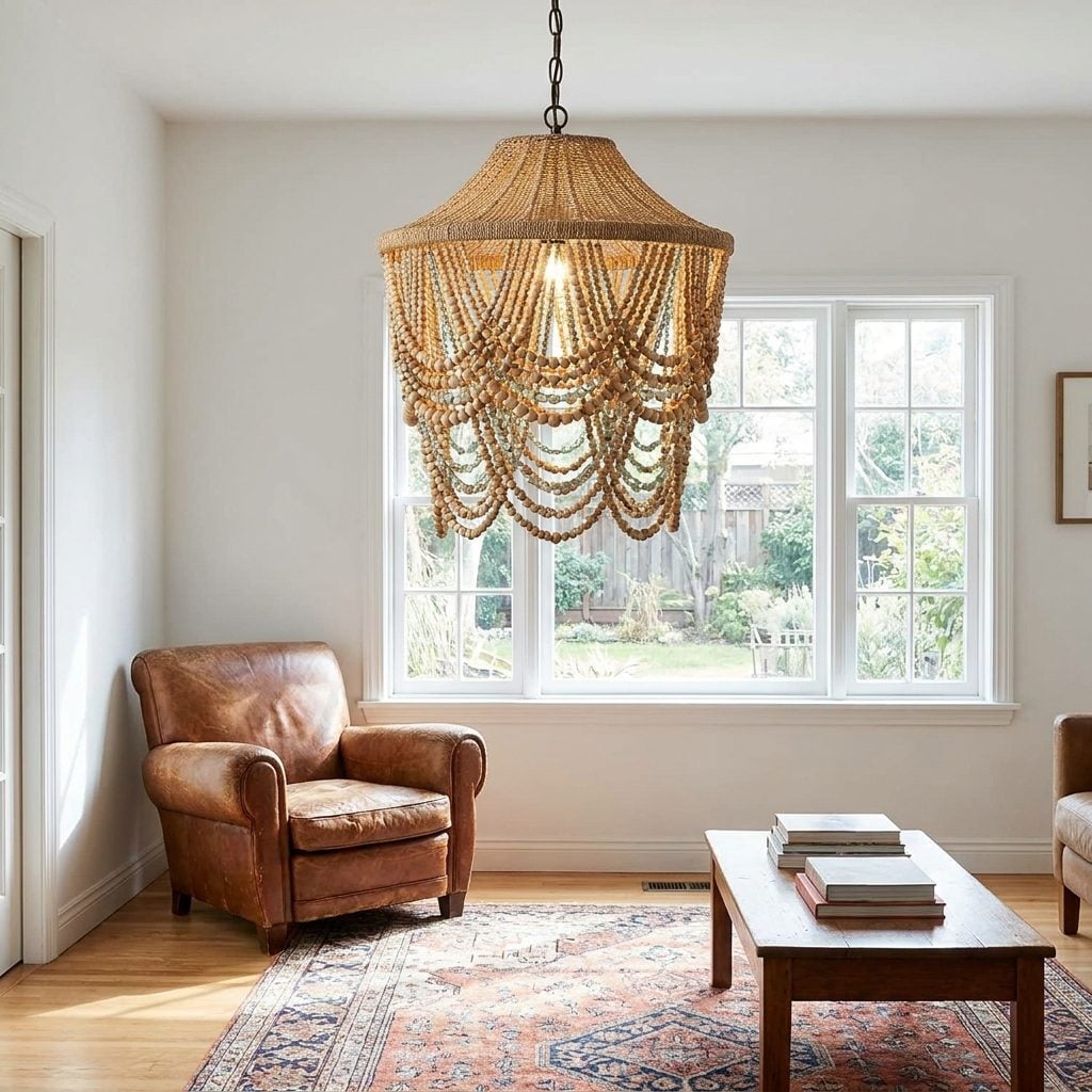 Beaded fringe dangling from a 1970s swag lamp