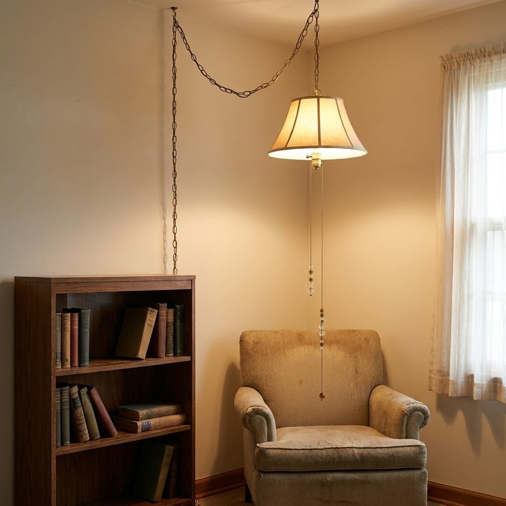 Beaded pull chain hanging from a 1970s swag lamp