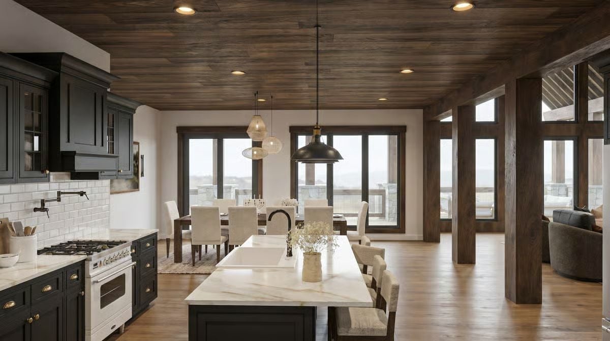 Dark Cabinets, Marble Island, and a Ceiling That Does Most of the Talking