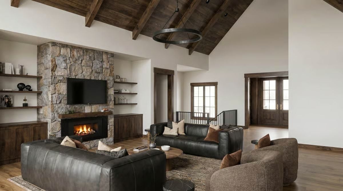 Dark Leather, Firelit Stone, and Ceiling Beams That Mean Business