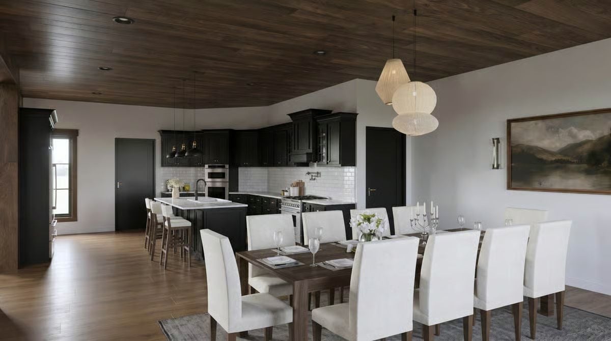 Dark Wood Ceilings, White Linen Chairs, and a Table Built for Twelve