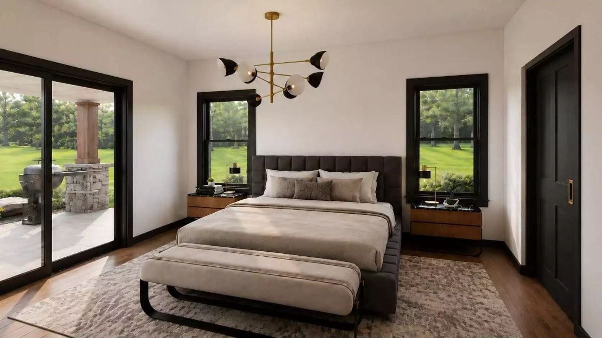 Dark Headboard, Gold Chandelier, and a Backyard You Can Walk Straight Into