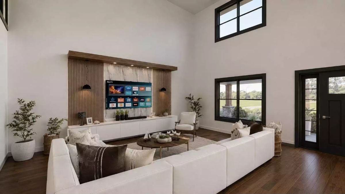 Fluted Wood Panels and Marble Stone Share a Wall Without Fighting for Attention