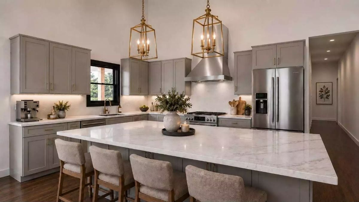 Gold Lanterns and Grey Cabinets Make Each Other Work Hard