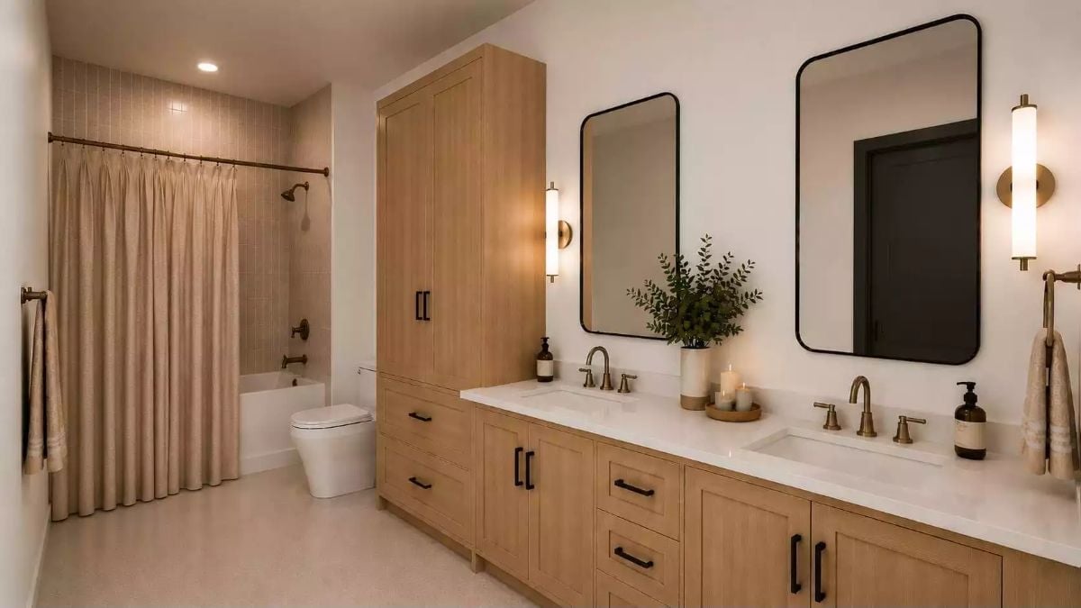 Warm Wood Cabinets and Black Frames Settle Into Each Other Without Competing