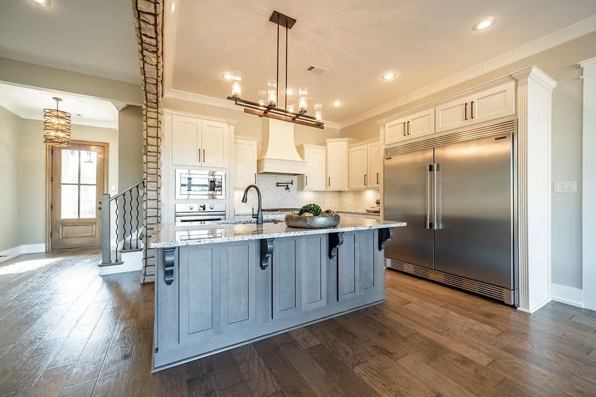 Gray Island, White Cabinets, and a Refrigerator That Means Business