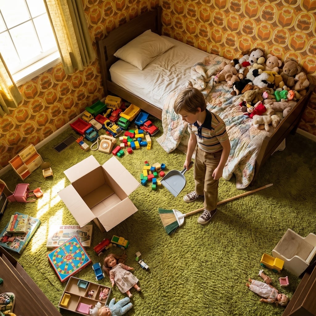 Child cleaning and picking up a cluttered bedroom