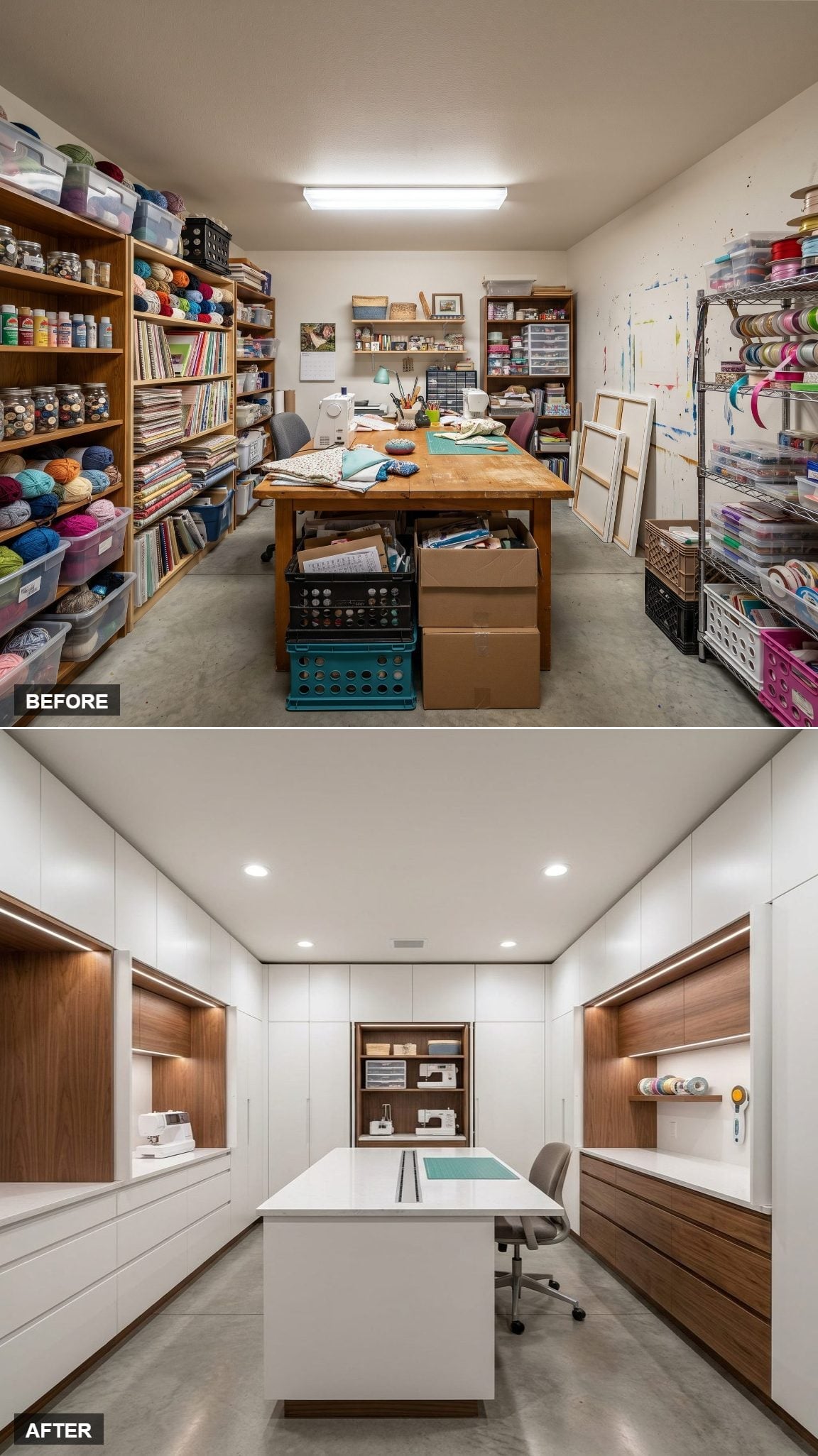 Built-In Walnut Niches and Recessed Lighting Gave This Craft Room a Real Studio Finish